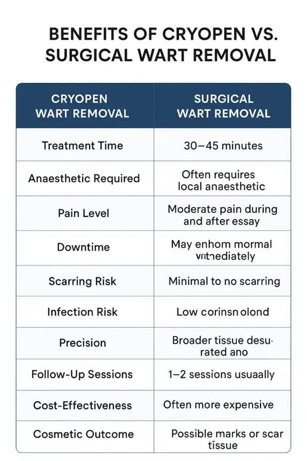 Table showing the benefits of cryopen to remove warts Bury compared to surgical treatment