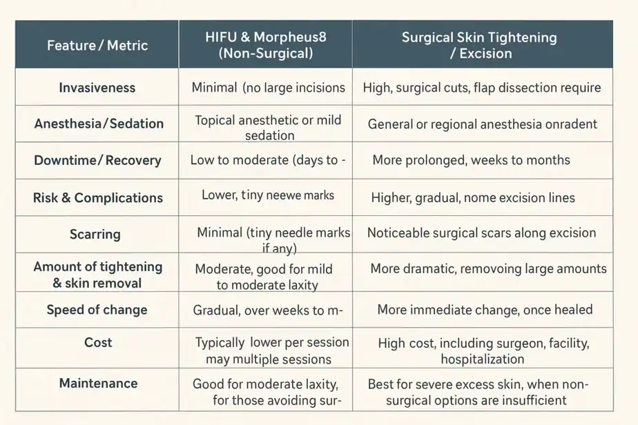 Table showing benefits of Lipo Freeze 2 U Bury treatments for skin tightening following weight loss injections.